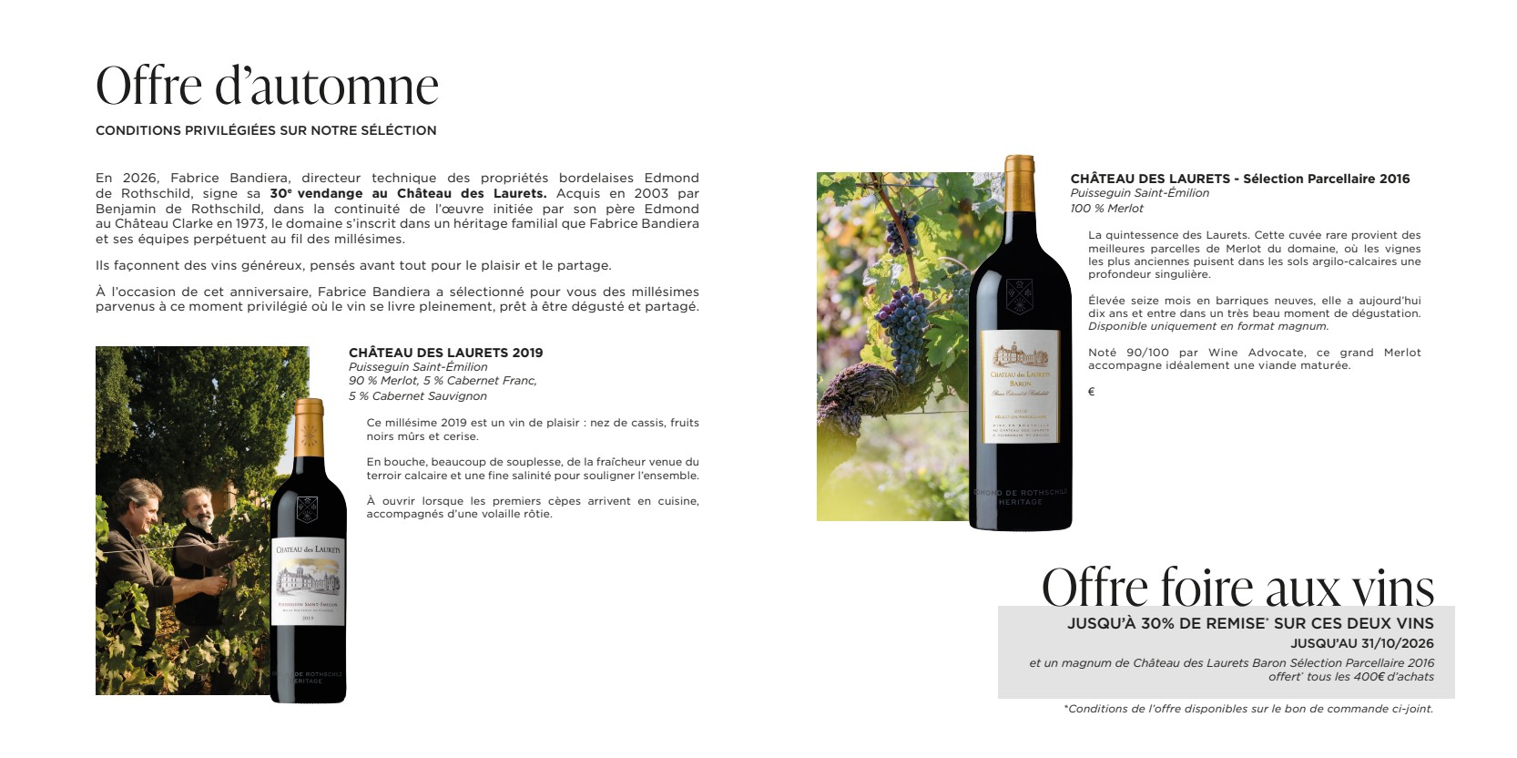 Dépliant Automne 2026 : Château des Laurets 2019 et Sélection Parcellaire 2016